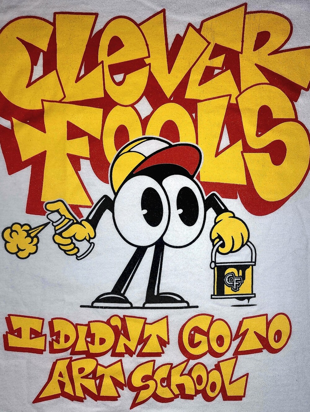 Clever Fools White Tee with Yellow & Red 'Clever Fools' Cartoon Graffiti